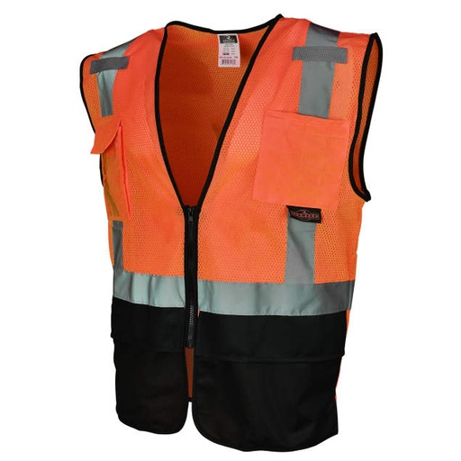 [SV7B-2ZOM-L/XL] Vest 2" Tape • 1 Horizontal Tape • Solid Front/Mesh Back •  Black Bottom Detail • Zip Closure • Inner&Outer Pockets • ANSI/ISEA 107 Type R Class 2 Hi-Vis Orange / Black - Size L/XL