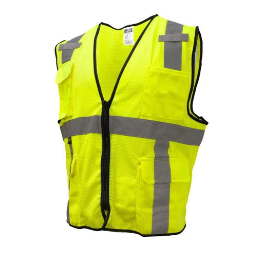 [SV7E-2ZGM-4X/5X] Vest 2" Tape • 1 Horizontal Tape • Solid Front / Mesh Back • Zipper Closure • Inside and Outside Pockets • ANSI/ISEA 107 Type R Class 2 Hi-Vis Green - Size 4X/5X
