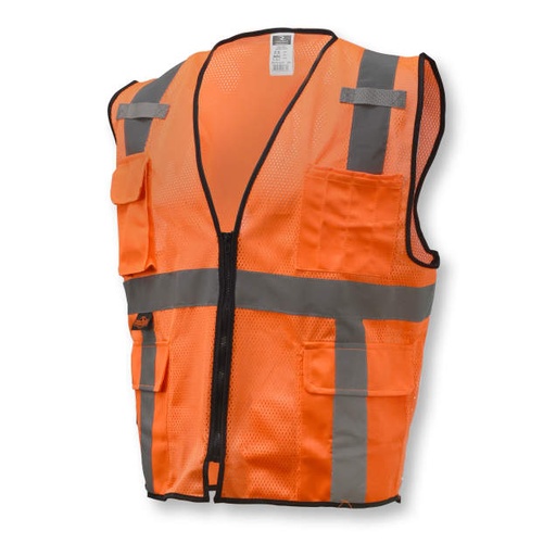 [SV7E-2ZOM-L/XL] Vest 2" Tape • 1 Horizontal Tape • Solid Front / Mesh Back • Zipper Closure • Inside and Outside Pockets • ANSI/ISEA 107 Type R Class 2 Hi-Vis Orange - Size L/XL