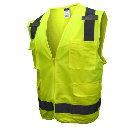 [SV7GXL] Vest 2" Tape • 1 Horizontal Tape • Solid Front / Mesh Back • Zipper Closure • Inside and Outside Pockets • ANSI/ISEA 107 Type R Class 2 Hi-Vis Green - Size XL