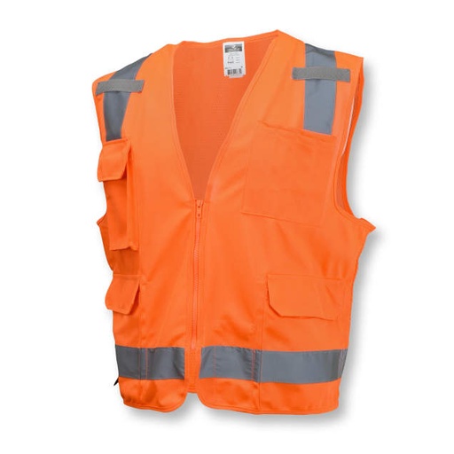 [SV7OM] Vest 2" Tape • 1 Horizontal Tape • Solid Front / Mesh Back • Zipper Closure • Inside and Outside Pockets • ANSI/ISEA 107 Type R Class 2 Hi-Vis Orange - Size M