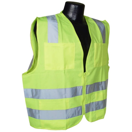 [SV8GS4X] Vest 2" Tape • 2 Horizontal Tapes • Zipper Closure • Inside and Outside Pockets • ANSI/ISEA 107 TYPE R CLASS 2 Hi-Vis Green - Size 4X