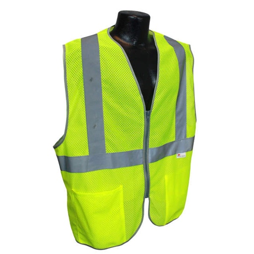 [LHV-5ANSI-PCZ-M] Vest Polyester Knitted Mesh, 3M™ 2" Silver Reflective, Zipper Closure, 2 Outside Pockets, Silver Trim, ANSI/ISEA 107 Type R Class 2 Hi-Vis Green - Size M