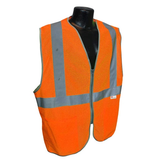 [HV-5ANSI-PCZ-S] Vest Polyester Knitted Mesh, 3M™ 2" Silver Reflective, Zipper Closure, 2 Outside Pockets, Silver Trim, ANSI/ISEA 107 Type R Class 2 Hi-Vis Orange - Size S