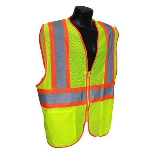[LHV-5ANSI-CT-L] Vest Lightweight Mesh • 3M™ 2" Silver Reflective with 4" Contrasting Trim • Zipper Closure • Orange Trim • ANSI/ISEA 107 Type R Class 2 Hi-Vis Green - Size L