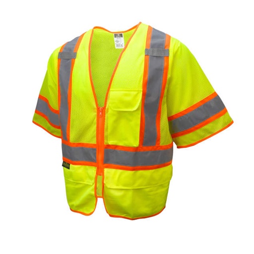 [SV272-3ZGM-2X] Vest 2" Tape • 1 Horizontal Stripe with Contrasting Trim • Zipper Closure • Chest Pocket • 2 Lower Flap Pockets • ANSI/ISEA 107 Type R Class 3 Hi-Vis Green - Size 2X
