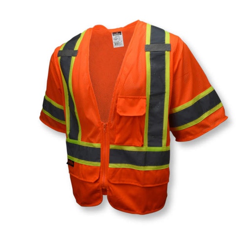 [SV272-3ZOM-L] Vest 2" Tape • 1 Horizontal Stripe with Contrasting Trim • Zipper Closure • Chest Pocket • 2 Lower Flap Pockets • ANSI/ISEA 107 Type R Class 3 Hi-Vis Orange - Size L