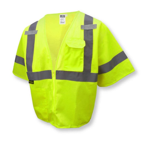 [SV3ZGM-4X/5X] Vest 2" Tape • 2 Horizontal Tapes • Zipper Closure • 2 Upper Pockets & 1 Lower Inside Pocket • ANSI/ISEA 107 Type R Class 3 Hi-Vis Green - Size 4X/5X
