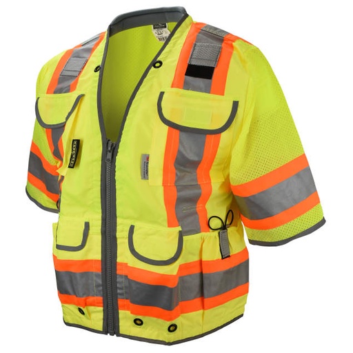 [SV55-3ZGD-M] Vest Reflective Trim Edging • 2" Tape with Contrasting Trim • Zipper Closure • Flap Covered Pockets • ANSI/ISEA 107 Type R Class 3 Hi-Vis Green - Size M