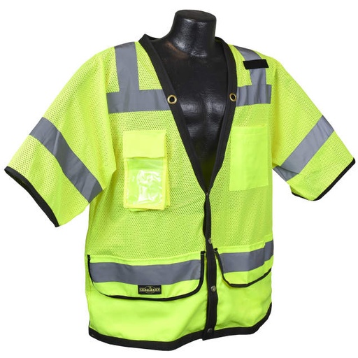 [SV59-3ZGD-M] Vest Chrome Snaps • Neck Grommets • Mesh Vest, Solid Pockets • Back Plan Pocket • Inner & Outer Pockets • ANSI/ISEA 107 Type R Class 3 Hi-Vis Green - Size M