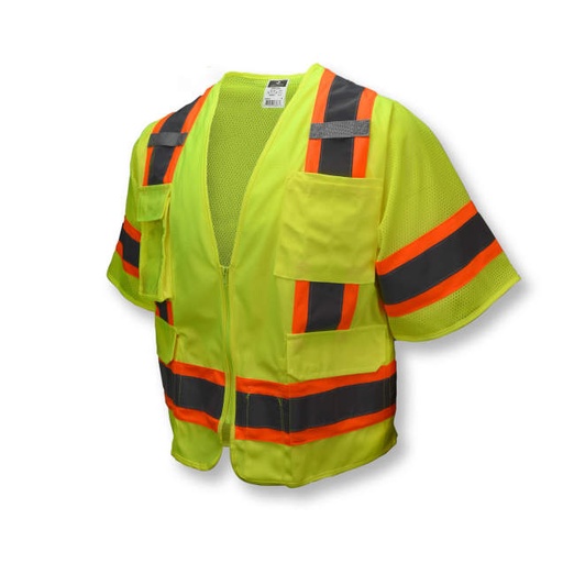 [SV63GM] Vest 2" Tape • Contrasting Trim Detail • Zipper Closure • Solid Front • Inside & Outside Pockets • ANSI/ISEA 107 Type R Class 3 Hi-Vis Green - Size M