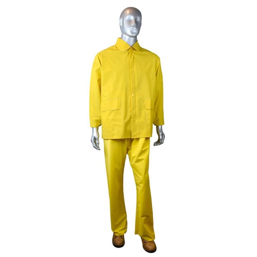 [RS01-NSYV-L] Rainsuit 35mm PVC/POLY • Detachable Hood • Fold Down Collar • Snap Front Closure • Vented Back Cape • Bib Style Overall Yellow - Size L