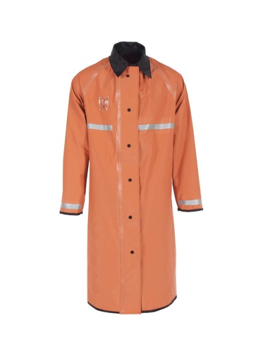 [UN449-33-1-OBK-2X] 48” Long Reversible Coat • Leaf Collar with Hood • 7/8” Silver 3M™ Scotchlite™ Reflective Film around Chest and Cuffs Orange/Black - Size 2X
