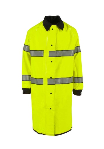 [UN003-33-1-LBK-M] 48” Long Reversible Raincoat • ANSI/ISEA Type P Class 3 • Leaf Collar with Hood • Storm Flap with Snap Closure Hi-Vis Lime/Black - Size M