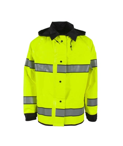 [UN003-03-1-LBK-XS] ANSI/ISEA Type P Class 3 • 32” Long Reversible Rain Jacket • Leaf Collar with Hood • Storm Flap with Snap Closure Hi-Vis Lime/Black - Size XS