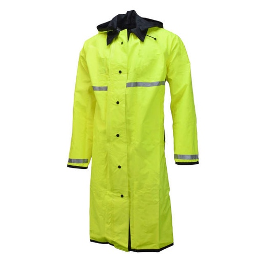 [UN011-33-1-LBK-M] 48” Long Reversible Raincoat • Leaf Collar with Hood • Snap Front Closure • 7/8” Silver 3M™ Scotchlite™ Reflective Film around Chest and Cuffs Hi-Vis Lime/Black - Size M