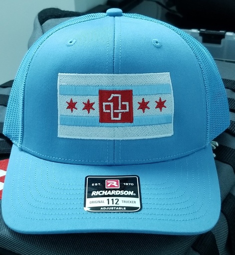 [OWS-columbia blue cap embroider] OWS -Cap, Snapback Trucker baseball, columbia blue, OWS red logo w/Chicago Flag embroidered
