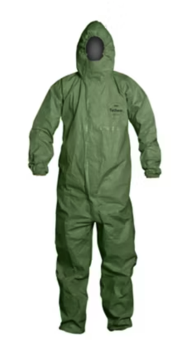 DuPont™ Tychem® 2000SFR Coverall. Attached Hood (Respirator Fit). Front Zipper Closure. Chin Flap. Storm Flap. Elastic Ankles. Elastic Waist. Elastic Wrists. Taped Seams. Semi-auto locking slider zipper pull. Green. 4/cs