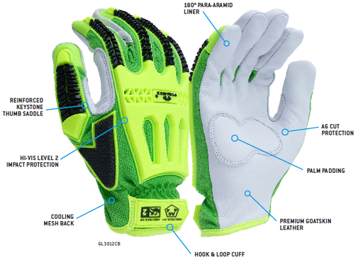 GL3012CB-PAIR Glove, Cut A6, Abrasion 4, Puncture 4, Impact 2 Hi viz leather, cuff hook +loop closure 60pr/cs