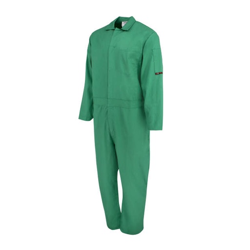 Coverall, FR, 100% cotton sateen welding coverall, Adjustable sleeve cuffs & leg openings, Elastic back waistband, 5 pockets, ATPV 9.2 Cal/cm², CAT 2, ASTM F1959 & F1506 Green.