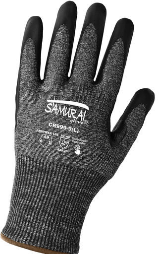 Samurai Glove® - Cut resistant gloves, 18-gauge salt-and-pepper seamless Tuffalene® UHMWPE shell, black foam nitrile-coated palm, reinforced thumb crotch, touch screen compatible fingertips, knit wrist.  ANSI/ISEA 105 cut level A9, abrasion level 6, puncture level 3.  FDA compliant.  6 dozen pairs per case. (copy)